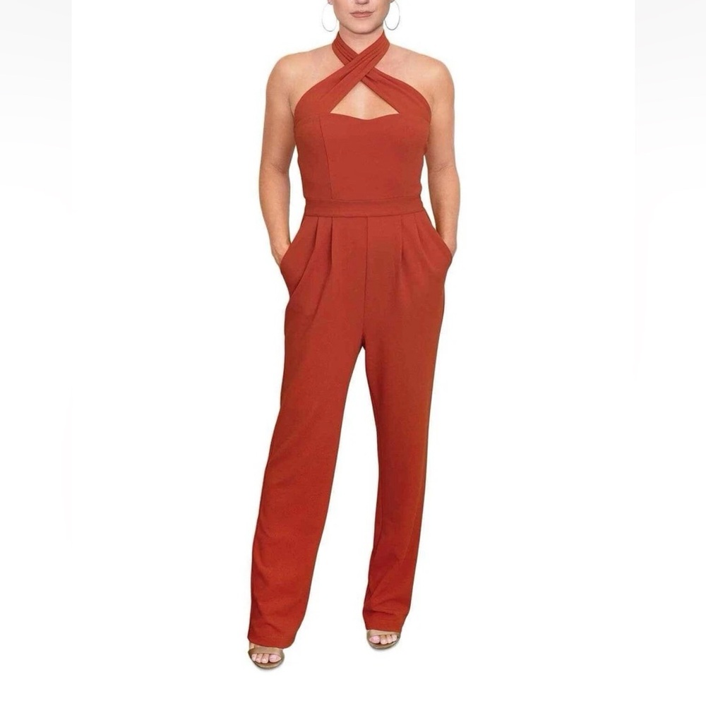 NWT RACHEL RACHEL ROY Roxie Halter Jumpsuit Large L Sienna Orange Red Womens